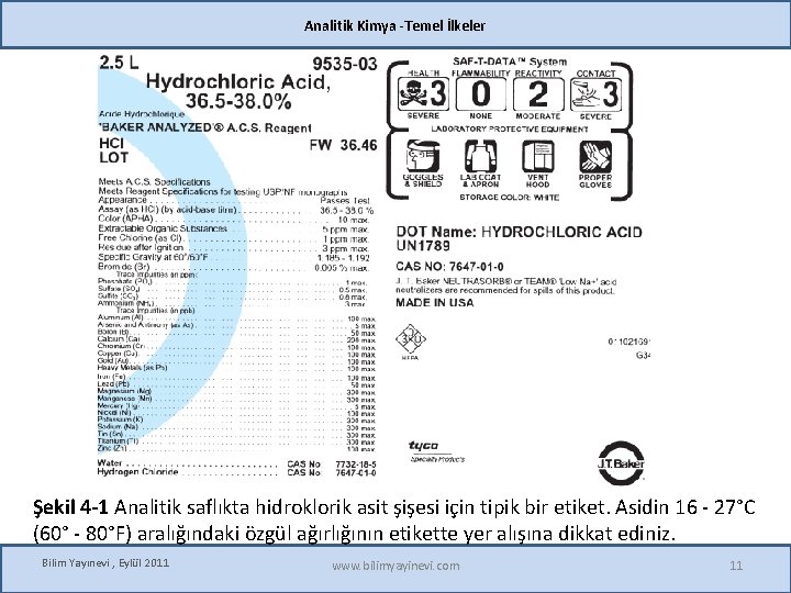 Analitik Kimya -Temel İlkeler Şekil 4 -1 Analitik saflıkta hidroklorik asit şişesi için tipik