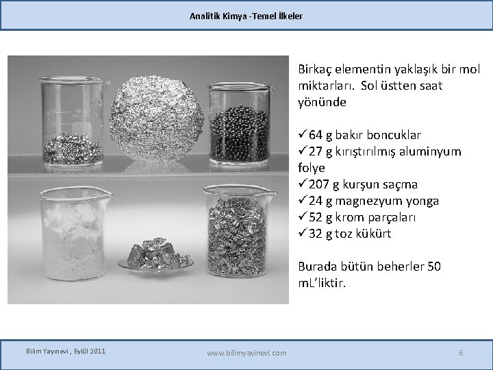 Analitik Kimya -Temel İlkeler Birkaç elementin yaklaşık bir mol miktarları. Sol üstten saat yönünde