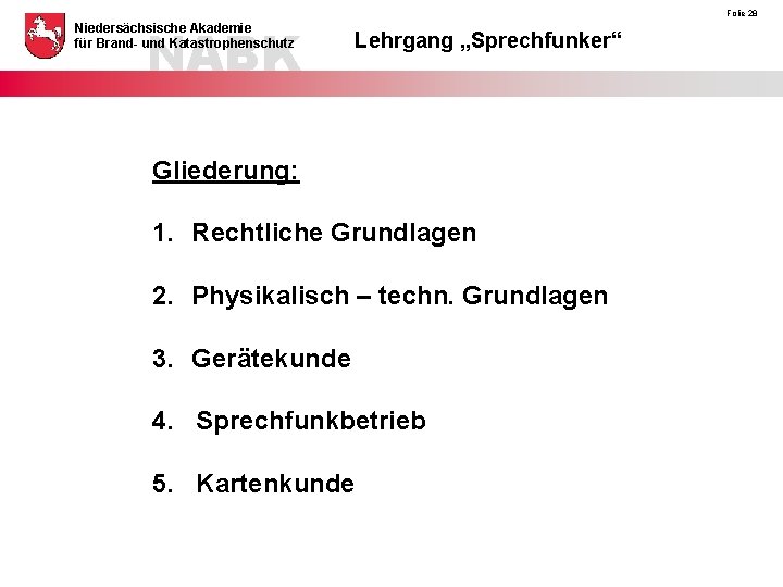 NABK Niedersächsische Akademie für Brand- und Katastrophenschutz Folie 28 Lehrgang „Sprechfunker“ Gliederung: 1. Rechtliche