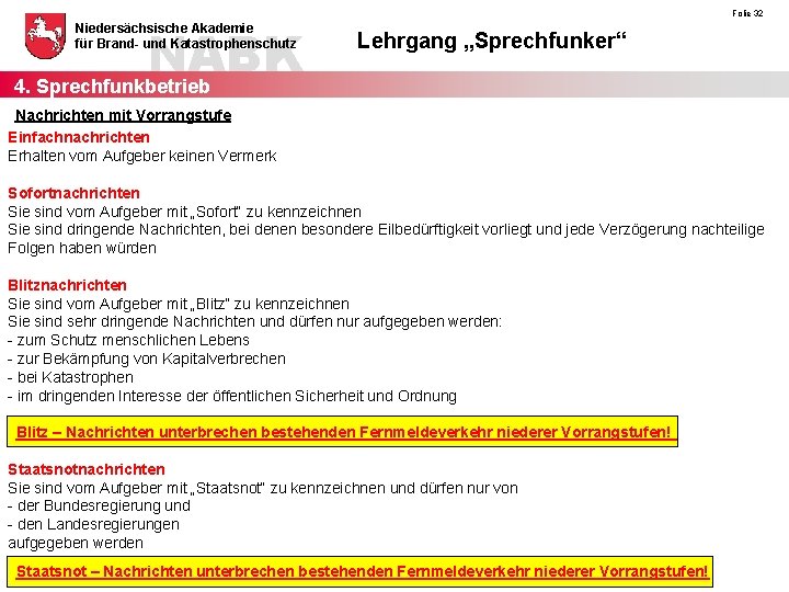 NABK 4. Sprechfunkbetrieb Niedersächsische Akademie für Brand- und Katastrophenschutz Folie 32 Lehrgang „Sprechfunker“ Nachrichten