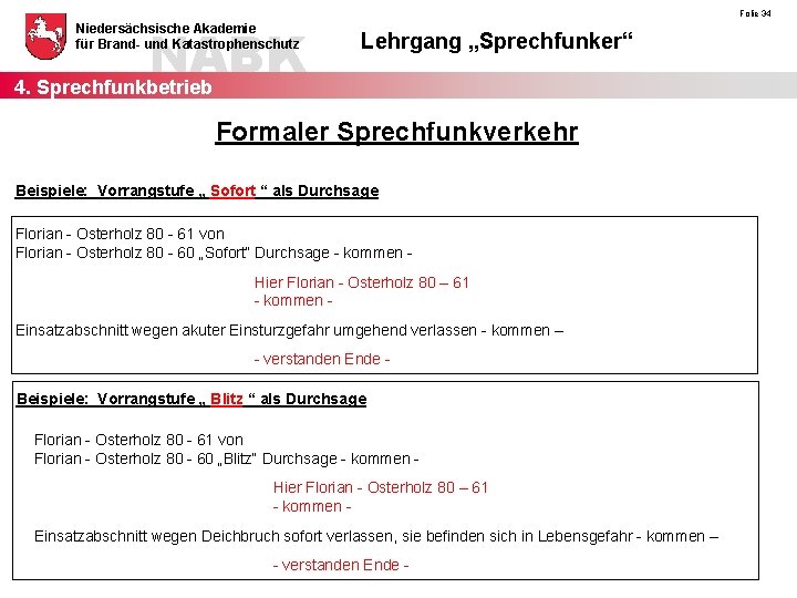 NABK 4. Sprechfunkbetrieb Niedersächsische Akademie für Brand- und Katastrophenschutz Folie 34 Lehrgang „Sprechfunker“ Formaler