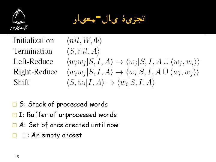  ﻣﻌیﺎﺭ - ﺗﺠﺰیۀ یﺎﻝ � S: Stack of processed words � I: Buffer