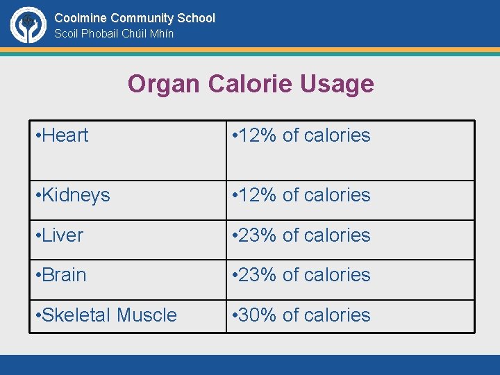 Coolmine Community School Scoil Phobail Chúil Mhín Organ Calorie Usage • Heart • 12%