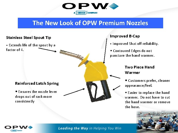 The New Look of OPW Premium Nozzles Stainless Steel Spout Tip Improved B-Cap •