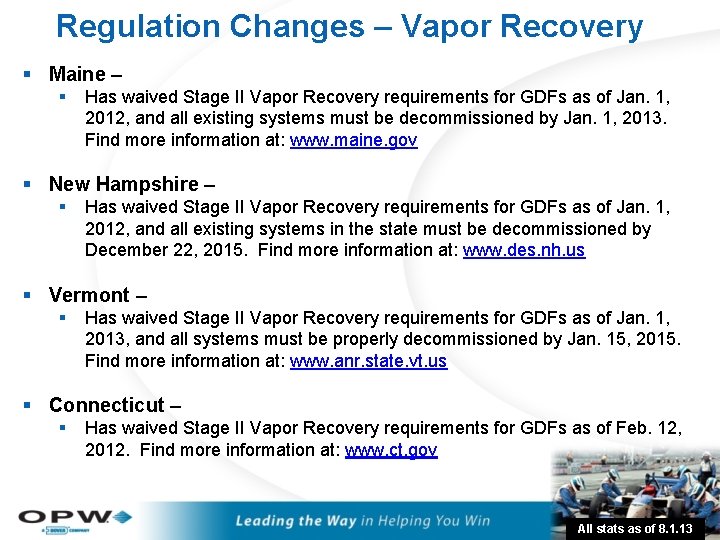 Regulation Changes – Vapor Recovery § Maine – § Has waived Stage II Vapor