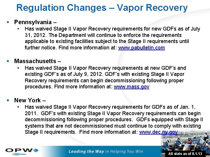 Regulation Changes – Vapor Recovery § Pennsylvania – § Has waived Stage II Vapor