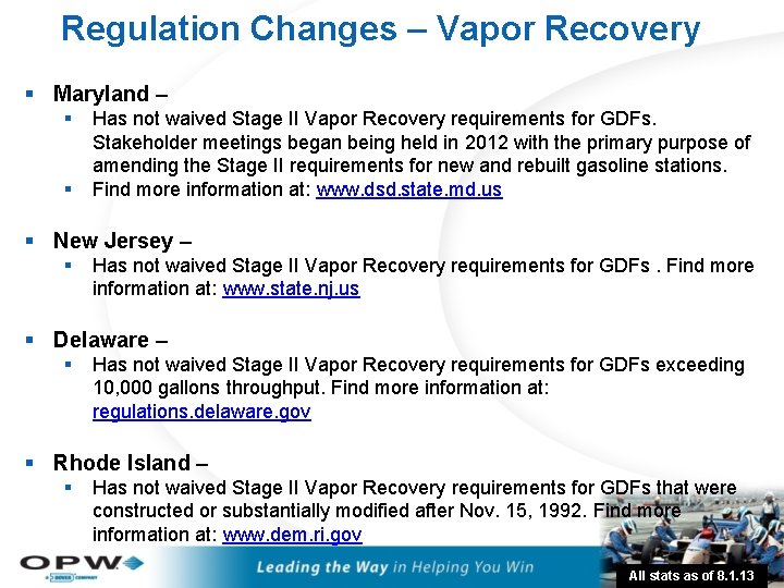 Regulation Changes – Vapor Recovery § Maryland – § § Has not waived Stage