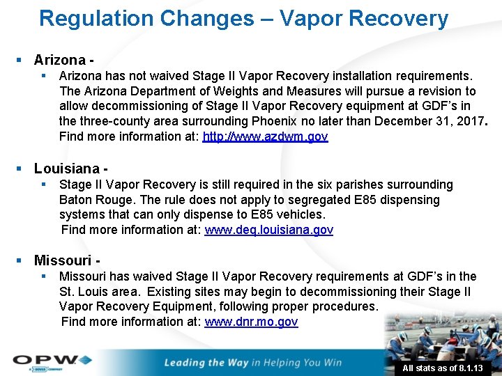 Regulation Changes – Vapor Recovery § Arizona has not waived Stage II Vapor Recovery