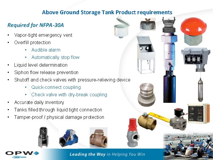 Above Ground Storage Tank Product requirements Required for NFPA-30 A • Vapor-tight emergency vent