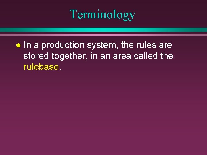 Terminology l In a production system, the rules are stored together, in an area