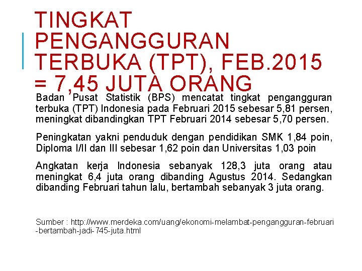 TINGKAT PENGANGGURAN TERBUKA (TPT), FEB. 2015 = 7, 45 JUTA ORANG Badan Pusat Statistik