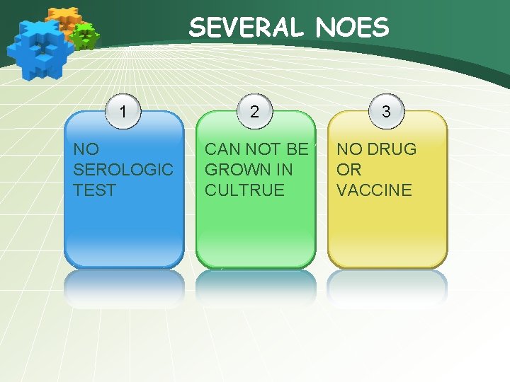 SEVERAL NOES 1 2 NO SEROLOGIC TEST CAN NOT BE GROWN IN CULTRUE 3