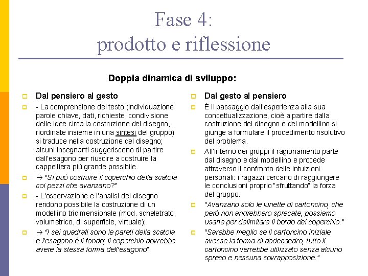 Fase 4: prodotto e riflessione Doppia dinamica di sviluppo: p Dal pensiero al gesto