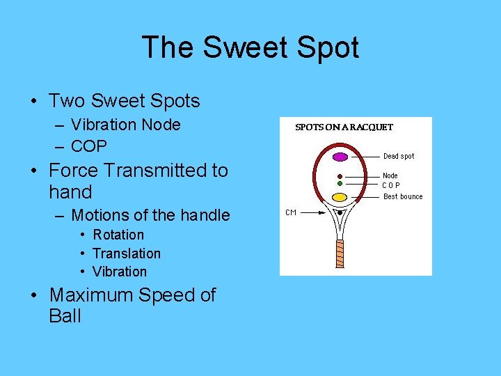 The Sweet Spot • Two Sweet Spots – Vibration Node – COP • Force