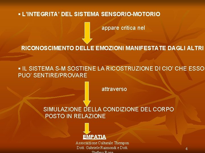 § L’INTEGRITA’ DEL SISTEMA SENSORIO-MOTORIO appare critica nel RICONOSCIMENTO DELLE EMOZIONI MANIFESTATE DAGLI ALTRI