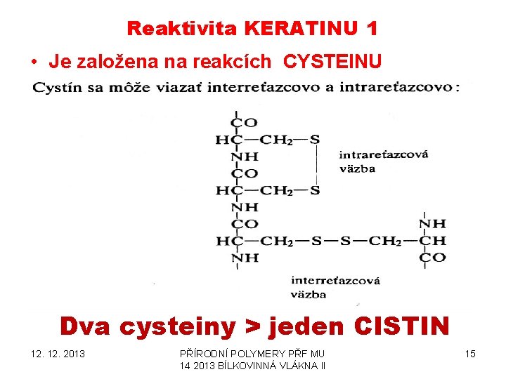 Reaktivita KERATINU 1 • Je založena na reakcích CYSTEINU Dva cysteiny > jeden CISTIN Reaktivita KERATINU 1 • Je založena na reakcích CYSTEINU Dva cysteiny > jeden CISTIN