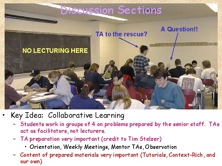 Discussion Sections TA to the rescue? A Question!! NO LECTURING HERE • Key Idea: