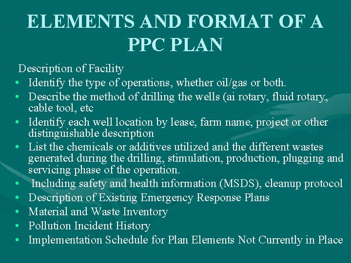 ELEMENTS AND FORMAT OF A PPC PLAN Description of Facility • Identify the type