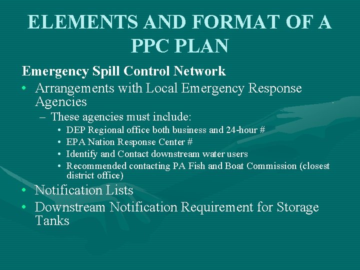 ELEMENTS AND FORMAT OF A PPC PLAN Emergency Spill Control Network • Arrangements with