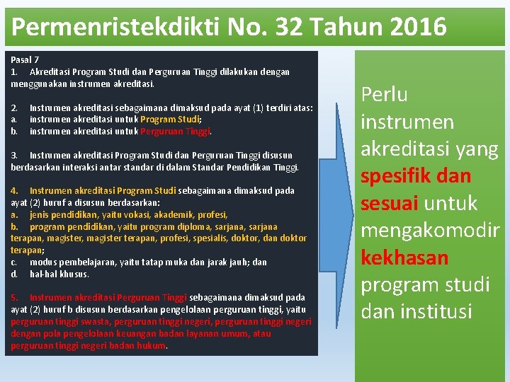 Permenristekdikti No. 32 Tahun 2016 Pasal 7 1. Akreditasi Program Studi dan Perguruan Tinggi