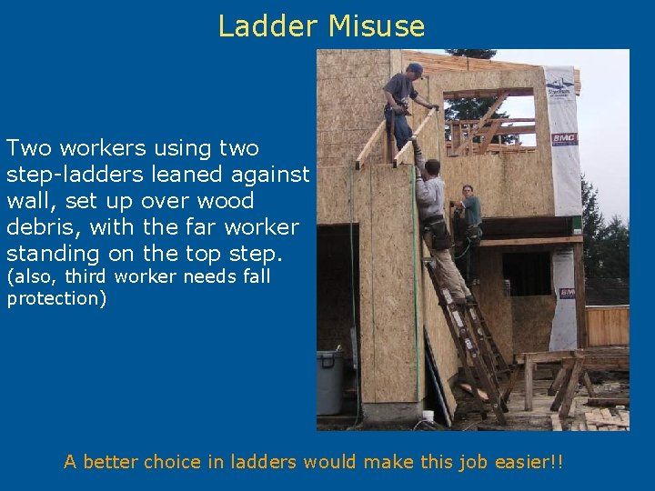 Ladder Misuse Two workers using two step-ladders leaned against wall, set up over wood