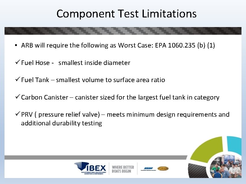 Component Test Limitations • ARB will require the following as Worst Case: EPA 1060.