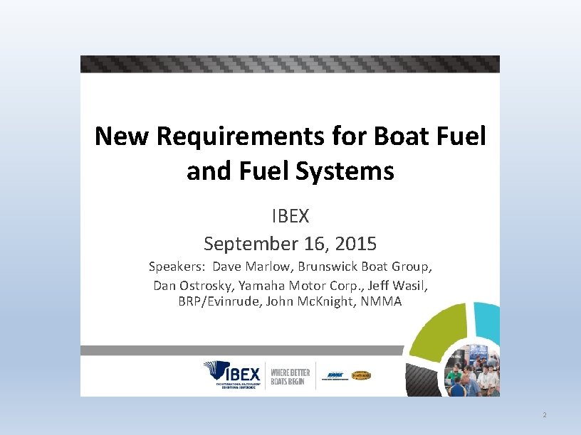 New Requirements for Boat Fuel and Fuel Systems IBEX September 16, 2015 Speakers: Dave