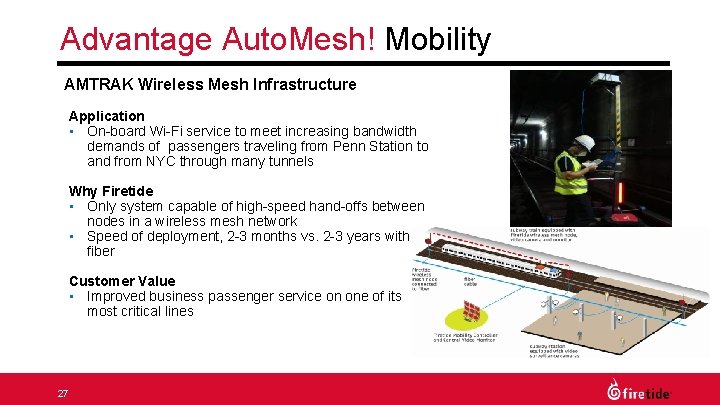 Advantage Auto. Mesh! Mobility AMTRAK Wireless Mesh Infrastructure Application • On-board Wi-Fi service to