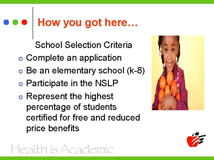 How you got here… School Selection Criteria Complete an application Be an elementary school