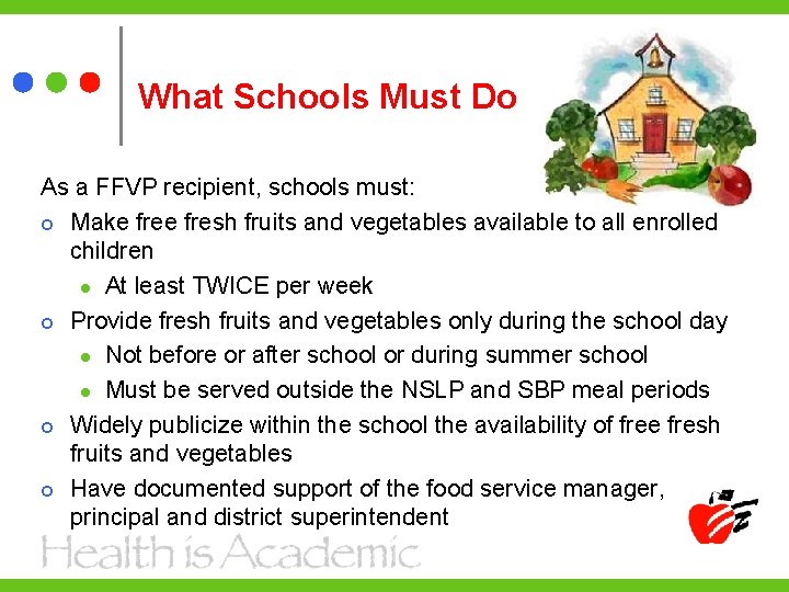 What Schools Must Do As a FFVP recipient, schools must: Make fresh fruits and