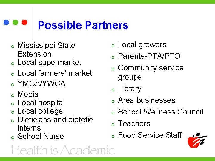 Possible Partners Mississippi State Extension Local supermarket Local farmers’ market YMCA/YWCA Media Local hospital