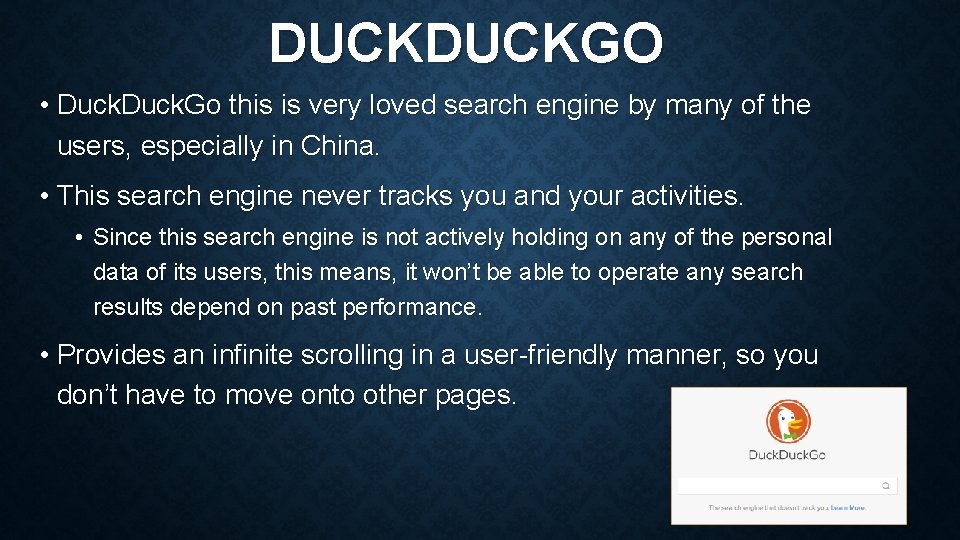 DUCKGO • Duck. Go this is very loved search engine by many of the DUCKGO • Duck. Go this is very loved search engine by many of the