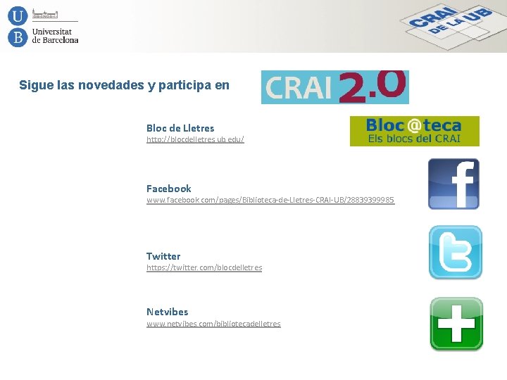 Sigue las novedades y participa en Bloc de Lletres http: //blocdelletres. ub. edu/ Facebook