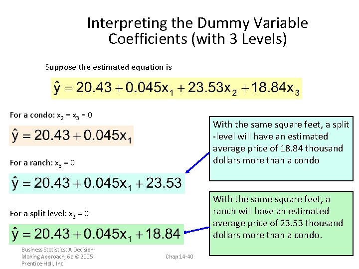 Interpreting the Dummy Variable Coefficients (with 3 Levels) Suppose the estimated equation is For