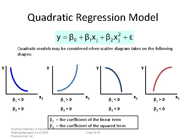 Quadratic Regression Model Quadratic models may be considered when scatter diagram takes on the