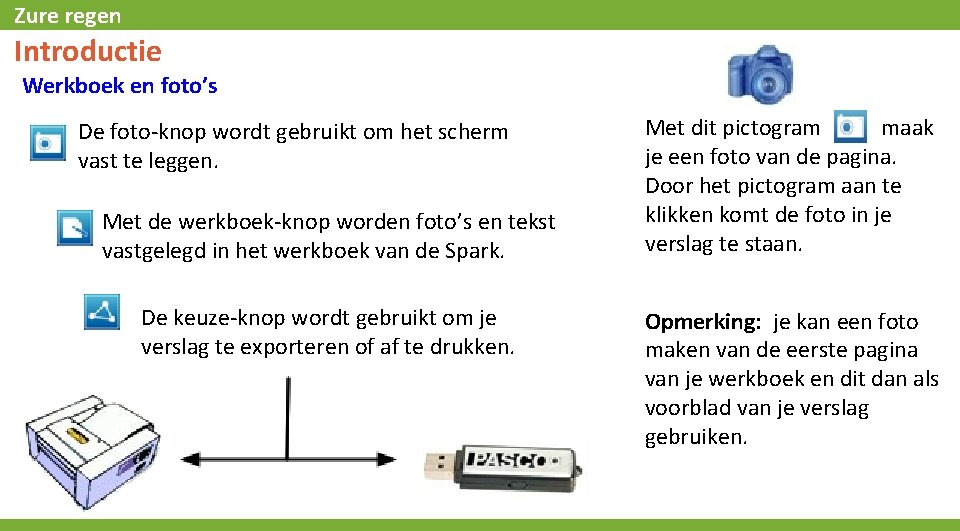 Zure regen Introductie Werkboek en foto’s De foto-knop wordt gebruikt om het scherm vast