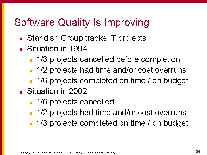 Software Quality Is Improving n n n Standish Group tracks IT projects Situation in