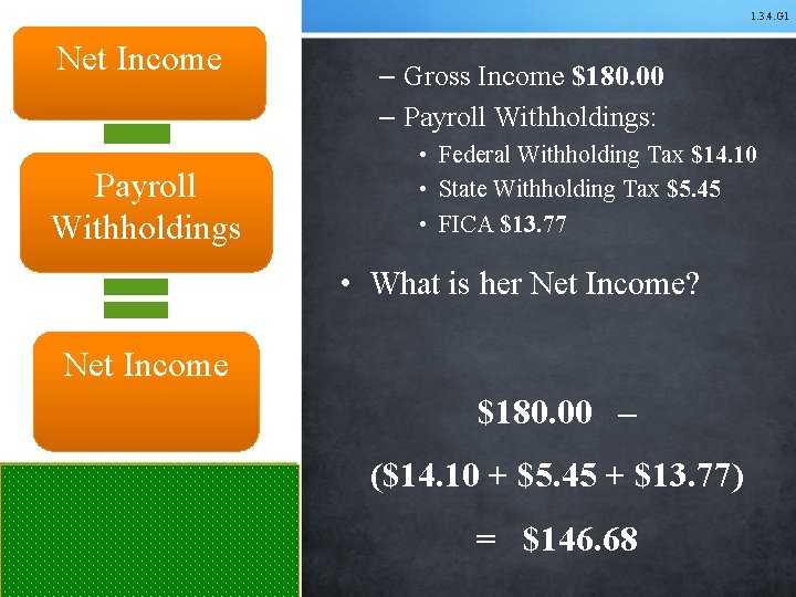 1. 3. 4. G 1 Net Income Payroll Withholdings – Gross Income $180. 00