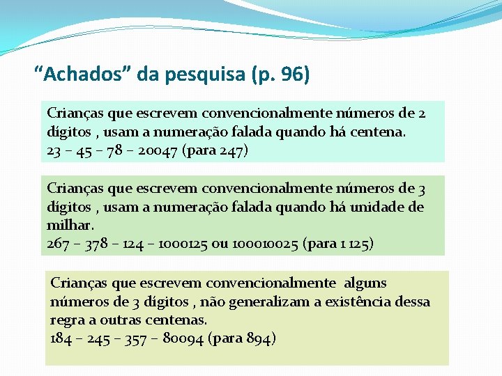 “Achados” da pesquisa (p. 96) Crianças que escrevem convencionalmente números de 2 dígitos ,