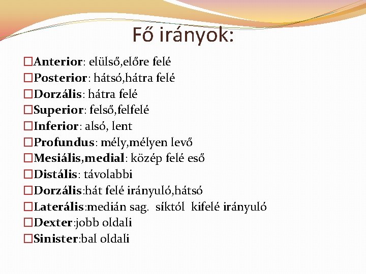 Fő irányok: �Anterior: elülső, előre felé �Posterior: hátsó, hátra felé �Dorzális: hátra felé �Superior: