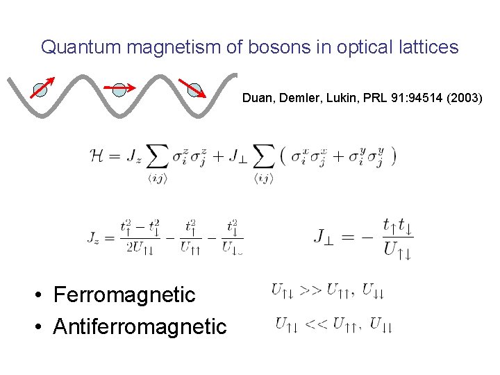 Quantum magnetism of bosons in optical lattices Duan, Demler, Lukin, PRL 91: 94514 (2003)