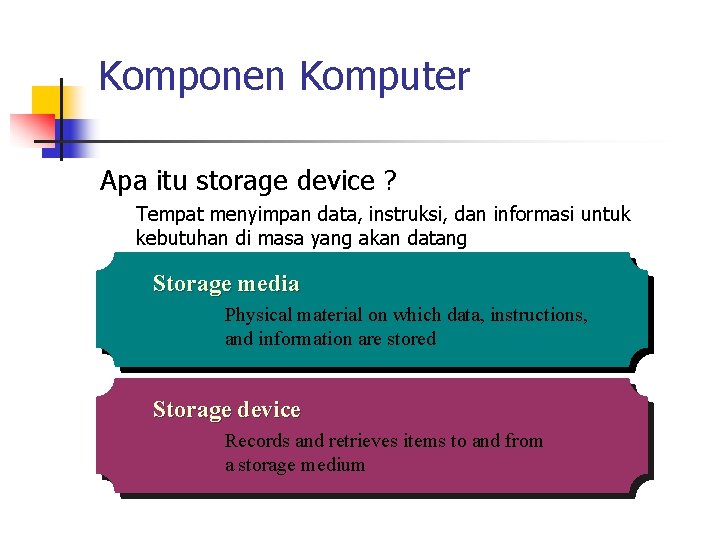 Komponen Komputer Apa itu storage device ? Tempat menyimpan data, instruksi, dan informasi untuk