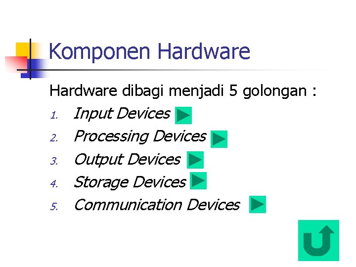 Komponen Hardware dibagi menjadi 5 golongan : 1. 2. 3. 4. 5. Input Devices