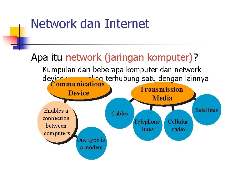 Network dan Internet Apa itu network (jaringan komputer)? Kumpulan dari beberapa komputer dan network