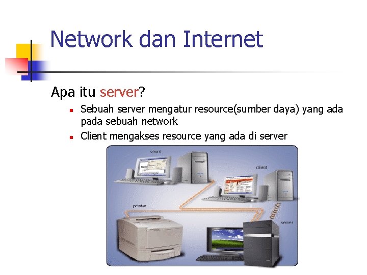 Network dan Internet Apa itu server? n n Sebuah server mengatur resource(sumber daya) yang