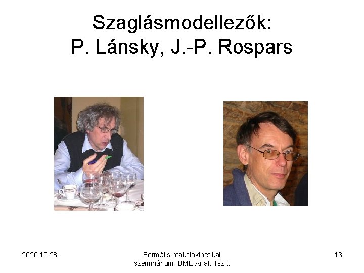 Szaglásmodellezők: P. Lánsky, J. -P. Rospars 2020. 10. 28. Formális reakciókinetikai szeminárium, BME Anal.