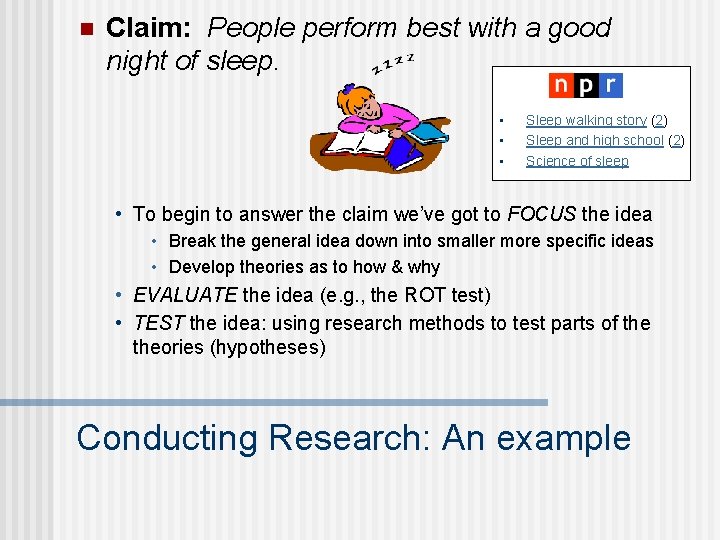 n Claim: People perform best with a good night of sleep. • • •