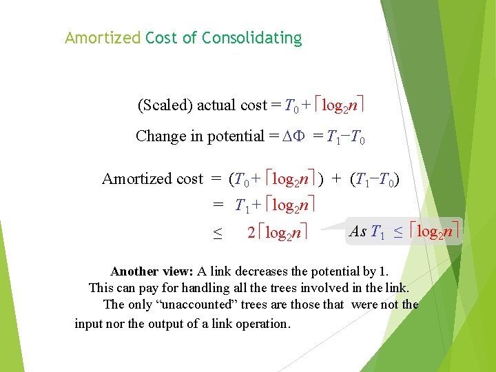 Amortized Cost of Consolidating (Scaled) actual cost = T 0 + log 2 n