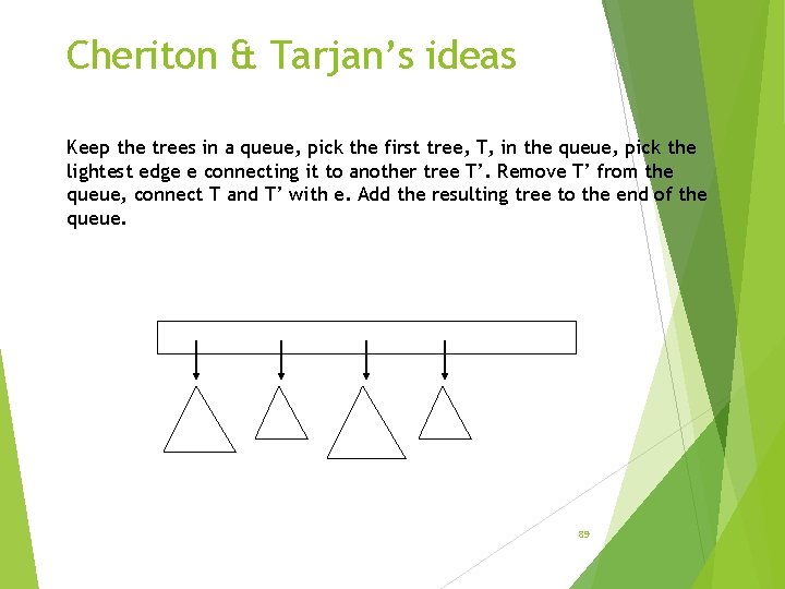 Cheriton & Tarjan’s ideas Keep the trees in a queue, pick the first tree,