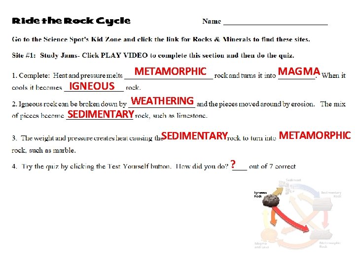 METAMORPHIC MAGMA IGNEOUS WEATHERING SEDIMENTARY METAMORPHIC SEDIMENTARY ? 